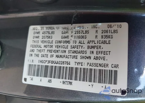2010 Honda Accord 3.5 Ex-L from USA, damaged, VIN 1HGCP3F8XAA028764